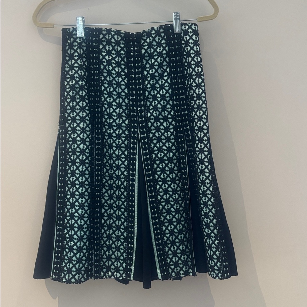 NANETTE LEPORE TEAL WITH BLACK PATTERNED OVERSTITCH A LINE SKIRT NWT